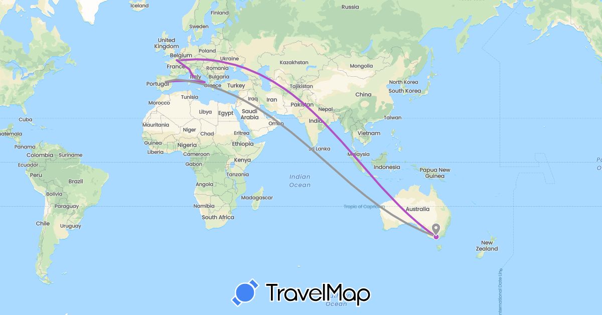 TravelMap itinerary: plane, train in Australia, Spain, France, Italy (Europe, Oceania)