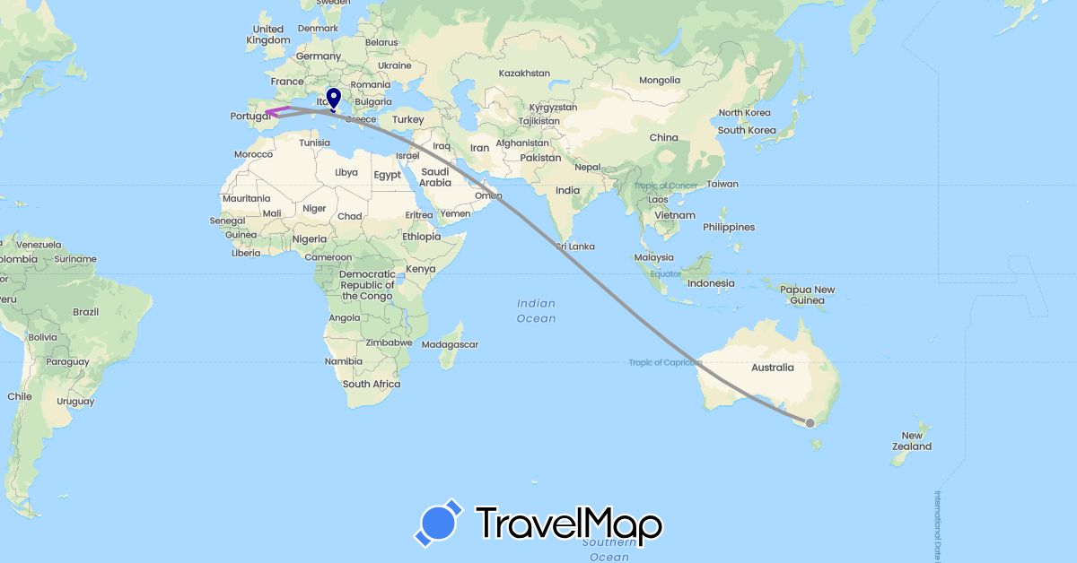 TravelMap itinerary: driving, plane, train in Australia, Spain, Italy (Europe, Oceania)